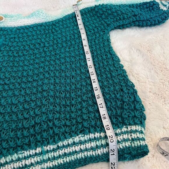 Handmade Stretch Chunky Knit Dropped Sleeve Top Teal White Size Small - Picture 4 of 11